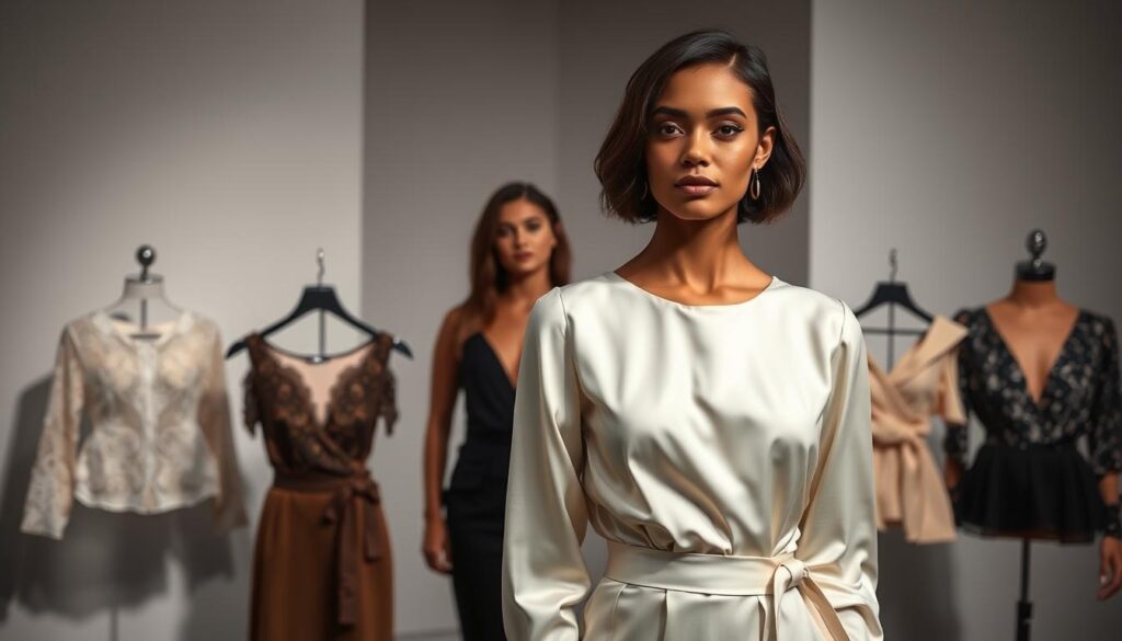 A beautifully lit and styled fashion photography scene featuring a collection of elegant, dressy Shein tops. In the foreground, a model poses gracefully, showcasing the tops' intricate designs, rich fabrics, and refined silhouettes. The mid-ground features a sleek, minimalist backdrop, allowing the tops to take center stage. Subtle, directional lighting creates depth and highlights the garments' luxurious textures. The overall mood is sophisticated, polished, and befitting of formal, work, or event attire. The image conveys a sense of effortless style and high-quality craftsmanship, reflecting the subject of "Dressy Shein Tops for Work and Events".