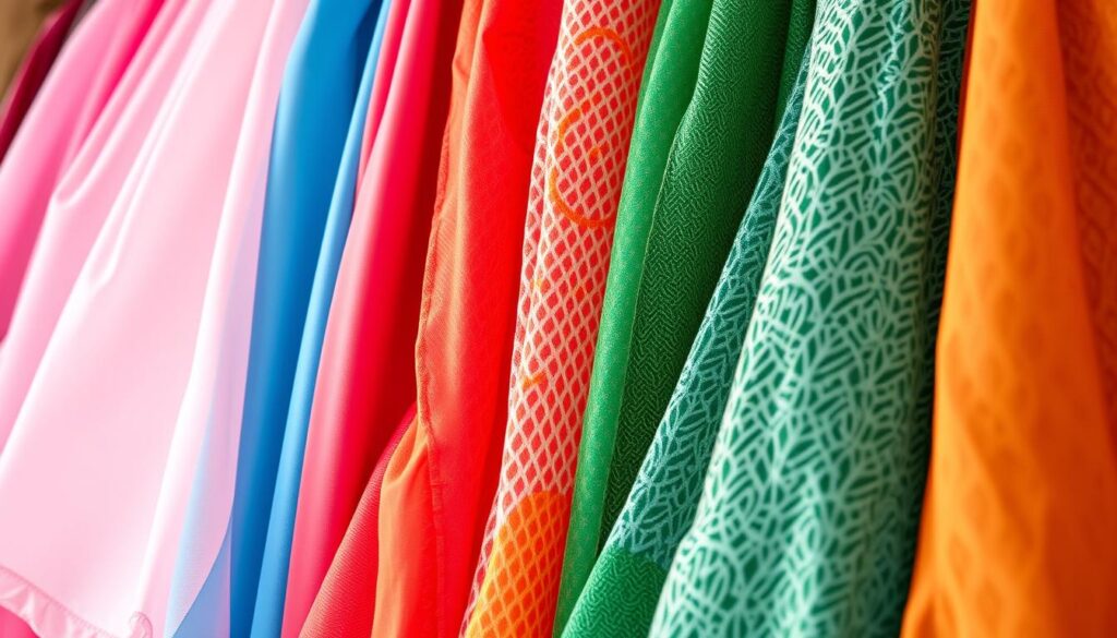 A breathtaking array of SHEIN skirt fabrics, captured in stunning detail. The foreground showcases a vibrant tapestry of textures, from the soft, flowing chiffon to the sleek, satin-like sheen of the polyester blends. The middle ground reveals the intricate weaving and patterns that define SHEIN's signature styles, each one a testament to the brand's commitment to fashion innovation. In the background, the lighting casts a warm, golden glow, lending an air of luxurious sophistication to the scene. The overall composition exudes a sense of elegance and style, perfectly encapsulating the essence of SHEIN's fresh, trendy skirt collection.