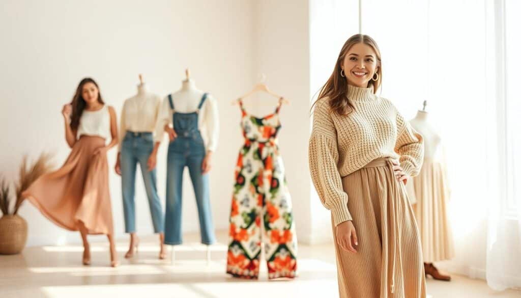 A bright, airy fashion editorial showcasing the latest SHEIN collection. In the foreground, a stylish model poses in a chic midi dress, her expression radiant. The mid-ground features a selection of trendy outfits - a flowy blouse and high-waisted jeans, a vibrant printed jumpsuit, and a cozy knit sweater with a pleated skirt. The background is softly blurred, allowing the clothing to take center stage. Warm, natural lighting from a large window casts a flattering glow, while the minimalist, modern decor sets an elegant, aspirational tone. The overall scene evokes a sense of effortless, on-trend style that embodies the SHEIN aesthetic.