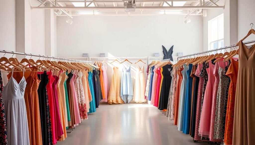 A bright, airy studio filled with an array of fashionable Shein dresses. In the foreground, a vibrant collection of dresses in various styles and colors, ranging from casual sundresses to elegant evening gowns. Midground, a well-lit display showcasing the dresses' intricate details and high-quality fabrics. Background, a minimalist backdrop with soft, natural lighting, creating a serene and inviting atmosphere. The dresses are arranged in a visually appealing manner, highlighting their versatility and the wide range of options available from Shein. The overall image conveys a sense of affordability, trendiness, and accessibility, reflecting the section title "Shein Dresses: Affordable Dresses for Every Occasion".
