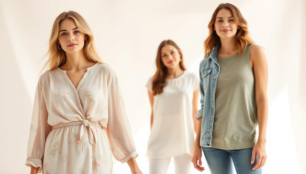 A bright, airy studio setting with three female models showcasing a variety of spring tops. In the foreground, a flowing chiffon blouse in a pastel floral print, cinched at the waist. In the middle ground, a crisp white linen tee with delicate embroidery along the neckline. In the background, a cozy knit tank in a soft sage green, layered under a lightweight denim jacket. Warm, diffused natural lighting creates a gentle glow, highlighting the textures and movement of the fabrics. The models exude an effortless, springtime elegance, posing casually against a clean white backdrop.