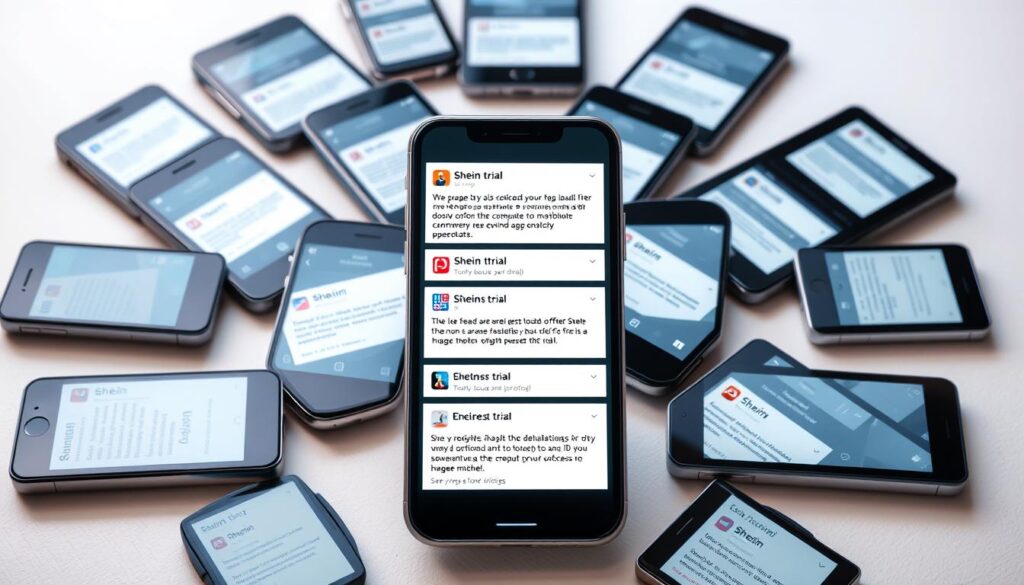 A brightly lit, high-resolution image depicting an array of smartphone notifications and alerts, showcasing various "Shein trial" offers and opportunities. The foreground features a central smartphone screen with multiple trial alerts and banners displayed prominently, conveying a sense of excitement and potential savings. The middle ground includes a collection of mobile devices surrounding the central screen, each displaying similar Shein trial notifications, creating a visually striking arrangement. The background maintains a clean, minimalist aesthetic, with subtle gradients or textures to provide depth and focus the viewer's attention on the core elements. The overall mood is one of anticipation and opportunity, inviting the viewer to explore the tools, apps, and community strategies that can help maximize success in taking advantage of Shein's free trial offerings.