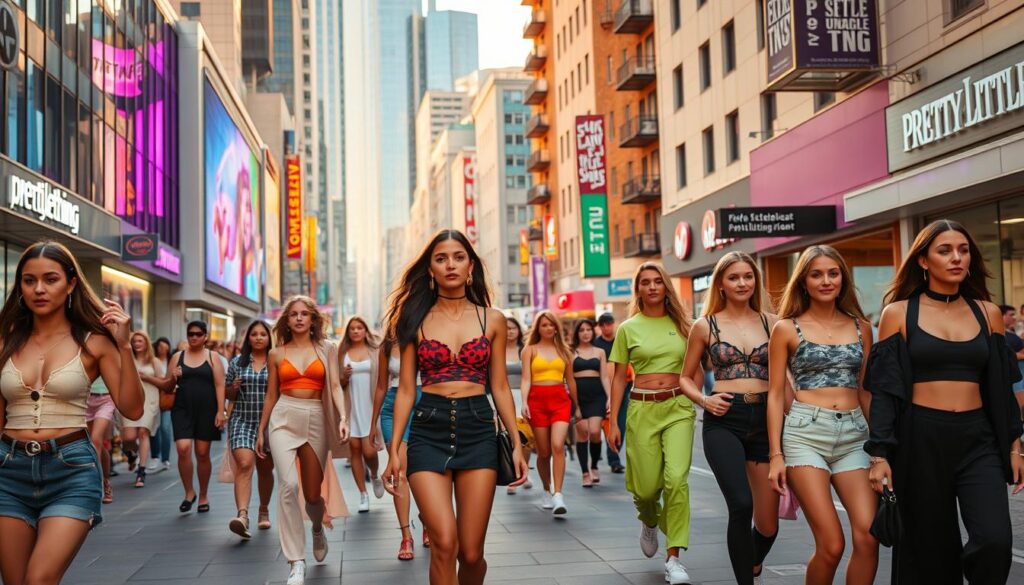 A bustling city street with vibrant PrettyLittleThing fashion looks. In the foreground, models strut down the sidewalk wearing stylish streetwear - crop tops, mini skirts, and statement accessories. The middle ground features a mix of casual daytime outfits, from chic dresses to athleisure ensembles. In the background, a mix of modern architecture, neon signs, and pastel-colored buildings set the urban tone. The lighting is a warm, golden hour glow, casting a flattering and aspirational mood. The camera angle is slightly elevated, providing an overview of the trendy scene. Overall, the image captures the energy and confidence of PrettyLittleThing's 2025 street style.