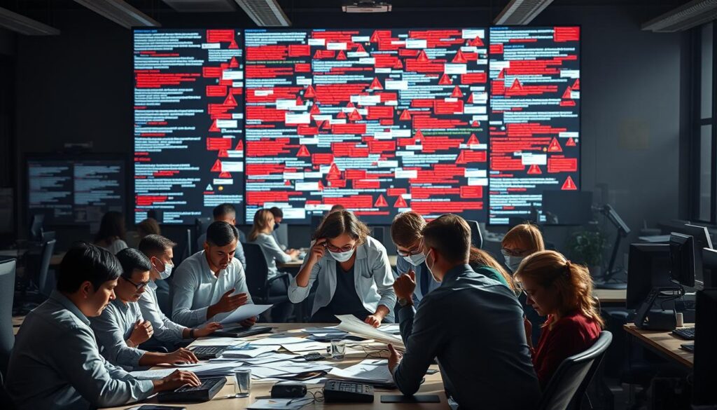A bustling office setting, with desks, computers, and workers furiously typing away. In the foreground, a cluster of people huddled around a conference table, expressions of confusion and frustration on their faces, gesturing toward scattered papers and documents. The lighting is harsh, casting dramatic shadows, heightening the sense of tension. In the background, a large screen displays a chaotic array of error messages and warning signs, further emphasizing the "Shein trial mistakes" theme. The overall atmosphere is one of chaos and disorganization, emphasizing the importance of avoiding such pitfalls when applying to the Free Trial Center.