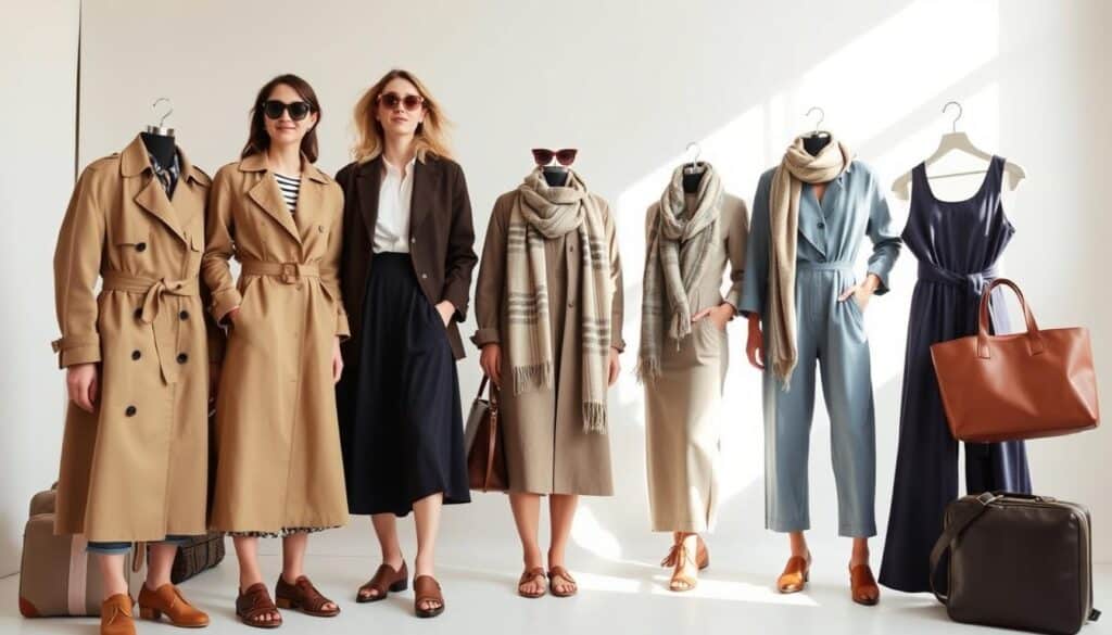 A carefully curated collection of stylish and practical travel outfits, captured in a bright, airy studio setting with natural lighting and a clean, minimalist backdrop. The foreground features a range of versatile garments, including a classic trench coat, a chic midi dress, a tailored blazer, and a comfortable yet fashionable jumpsuit. In the middle ground, a selection of stylish accessories such as sunglasses, scarves, and a sleek leather tote bag are artfully arranged, complementing the outfits. The background maintains a neutral, uncluttered palette, allowing the focus to remain on the fashionable travel-ready ensembles.