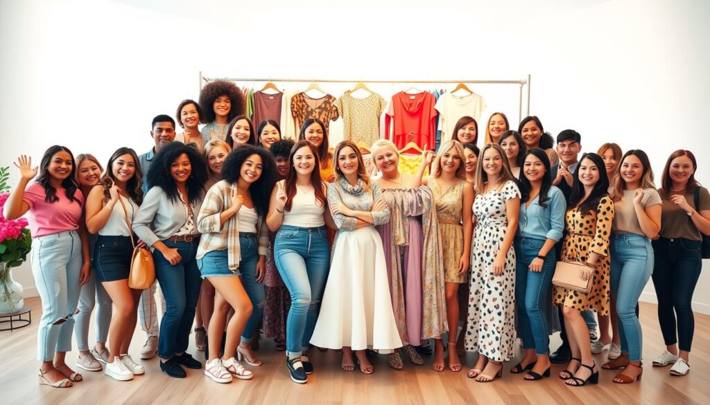 A cheerful gathering of Shein customers proudly showcasing their fashion finds. In the foreground, a diverse group of models pose confidently against a bright, airy backdrop, their outfits capturing the latest trends and vibrant colors. The middle ground features a selection of Shein products - from flirty dresses to stylish accessories - arranged artfully to highlight their quality and appeal. The background evokes a sense of community, with a warm, inviting atmosphere that reflects the enthusiasm and satisfaction of Shein's loyal customer base. Soft, natural lighting illuminates the scene, creating a sense of authenticity and real-world appeal.
