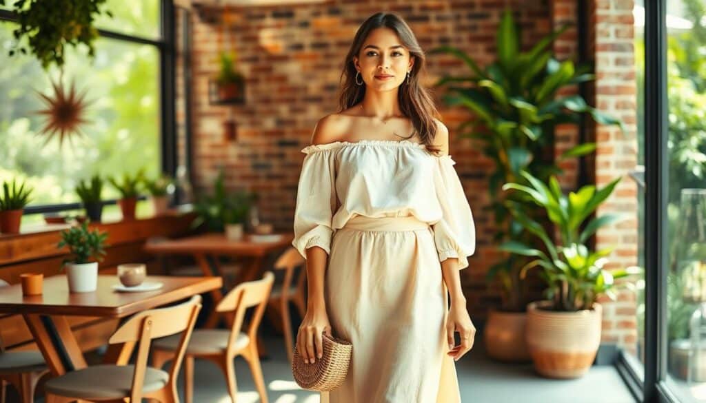 A chic and stylish brunch outfit for a vibrant weekend gathering. Soft pastel hues and flowing fabrics create a dreamy, ethereal atmosphere. In the foreground, a model stands elegantly, wearing a high-waisted linen skirt in a soft peach tone, paired with a delicate, off-the-shoulder blouse in a creamy ivory. Delicate gold jewelry and a woven straw handbag complete the effortlessly chic ensemble. The middle ground features a cozy, sun-dappled cafe setting, with wooden tables, potted plants, and a rustic brick wall backdrop. Warm, natural lighting casts a gentle glow, evoking a sense of relaxation and indulgence. The background blurs into a verdant, leafy urban landscape, hinting at the vibrancy of the weekend ahead.