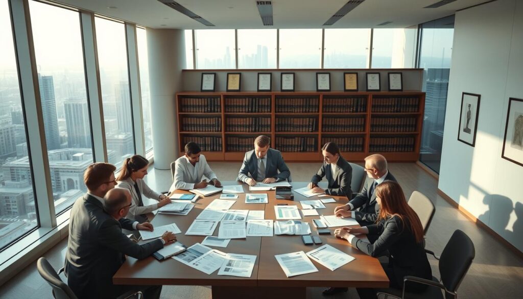 A clean, modern interior with floor-to-ceiling windows overlooking a bustling city skyline. In the foreground, a large conference table is surrounded by business executives in formal attire, engaged in a lively discussion. On the table, various documents and reports are spread out, representing the complexities of supply chain transparency laws. The lighting is soft and warm, creating an atmosphere of professional deliberation. In the background, shelves of legal books and framed certificates add an air of authority and expertise. The overall scene conveys the gravity and importance of developing policies to address sustainability challenges in the fast fashion industry.