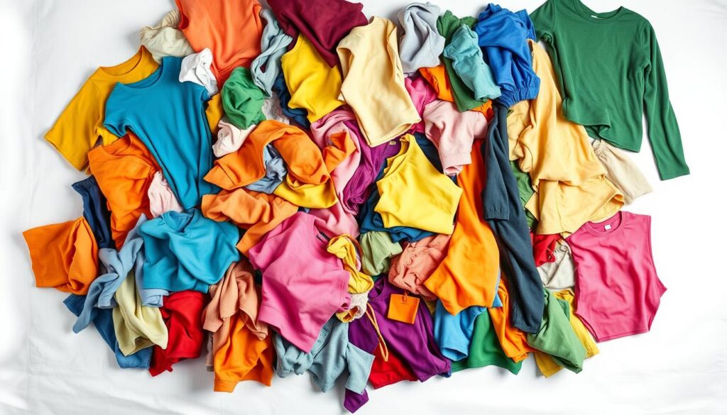 A cluttered assortment of clothing items, haphazardly arranged on a basic, white seamless backdrop. Cheap, synthetic fabrics in vibrant, garish colors. Ill-fitting, misshapen garments with visible stitching flaws and unfinished edges. Bright, unflattering studio lighting casts harsh shadows, emphasizing the low-quality construction. The overall impression is one of mass-produced, disposable fast fashion, lacking in attention to detail or craftsmanship. A chaotic, overwhelming visual that captures the essence of "Shein quality" - cheap, low-grade merchandise prioritizing trend over substance.