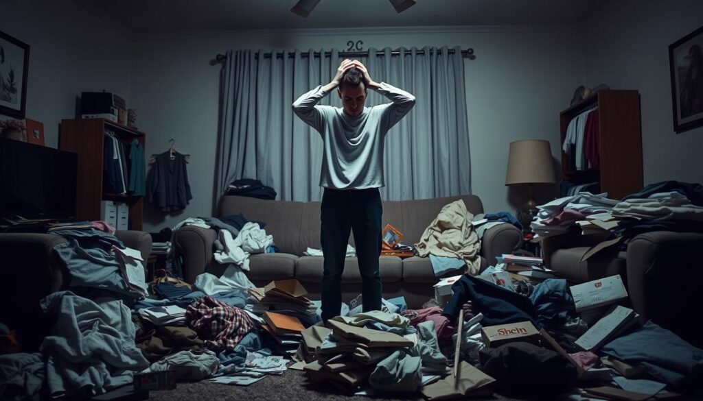 A cluttered living room with various Shein clothing items scattered around, including a crumpled shirt, a pair of tangled pants, and a disorganized pile of discarded packaging. In the center, a frustrated customer stands amidst the mess, hands on their head, conveying the stress of dealing with Shein's return process. The room is dimly lit, creating a sense of unease, with a muted color palette and subtle shadows casting a gloomy atmosphere. The scene emphasizes the common challenges and frustrations associated with returning Shein purchases, highlighting the need for a more streamlined and user-friendly return system.
