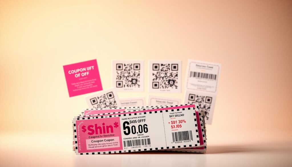 A collage of vibrant Shein coupon codes and promotional offers, presented against a clean, minimalist backdrop. In the foreground, a stack of neatly arranged coupon strips, each displaying a distinct discount percentage or dollar amount. In the middle ground, a series of QR codes and barcode graphics, hinting at the digital nature of these savings. The background features a soft, ethereal gradient, evoking a sense of exclusivity and opportunity. Warm lighting casts a subtle glow, highlighting the coupon details and creating a welcoming, aspirational atmosphere. The composition emphasizes simplicity and focus, drawing the viewer's attention to the core essence of maximizing discounts through Shein's coupon ecosystem.