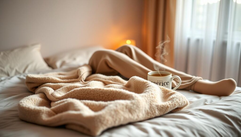 A cozy and inviting scene of Shein loungewear. In the foreground, a plush, oversized hoodie in a neutral tone lies neatly folded on a bed, its soft texture inviting touch. Behind it, a pair of matching joggers in a complementary hue are draped casually, exuding a sense of relaxation. In the middle ground, a mug of hot tea steams gently, its warmth reflecting the hygge-inspired atmosphere. The background features a cozy, minimalist bedroom, with warm lighting filtering through sheer curtains, creating a tranquil and soothing ambiance. The overall mood is one of comfort, coziness, and the joy of unwinding at home.