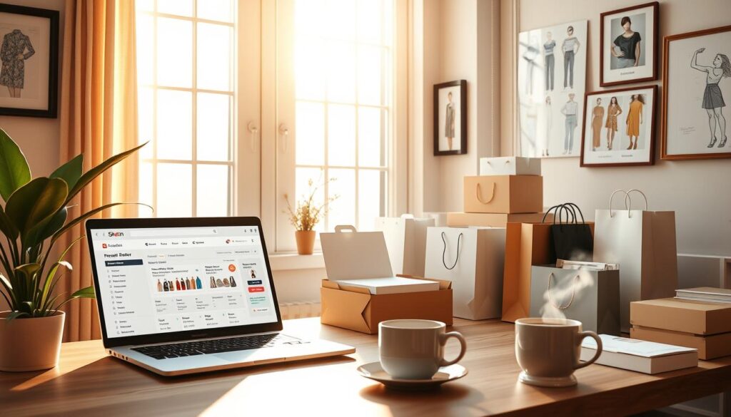 A cozy home office setting, flooded with warm, natural lighting from large windows. On the desk, an open laptop displays a Shein Free Trial Center dashboard, showcasing various reward tiers and accumulated benefits. Alongside it, a neatly organized array of Shein shopping bags and boxes, hinting at the long-term rewards reaped from consistent participation. The walls are adorned with framed fashion sketches and inspiration boards, reflecting a passion for style and trends. A houseplant and a mug of steaming coffee complete the scene, creating an atmosphere of productivity and contentment.