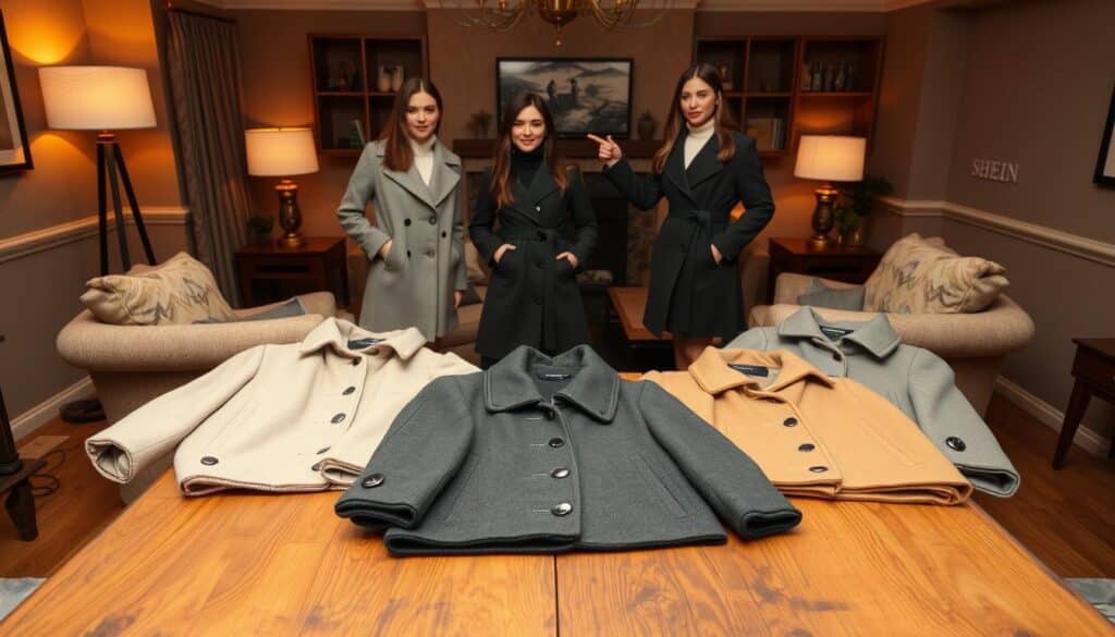 A cozy indoor setting with a sturdy wooden table in the foreground, showcasing an assortment of SHEIN coats. The coats are neatly arranged, allowing for a detailed examination of their design, fabric, and overall quality. The middle ground features two models wearing the SHEIN coats, striking natural poses that highlight the garments' fit and style. The background depicts a warm, inviting living room with plush furnishings and soft lighting, creating an atmosphere of comfort and style. The overall composition emphasizes the real-life appeal and customer reviews of the SHEIN coats.
