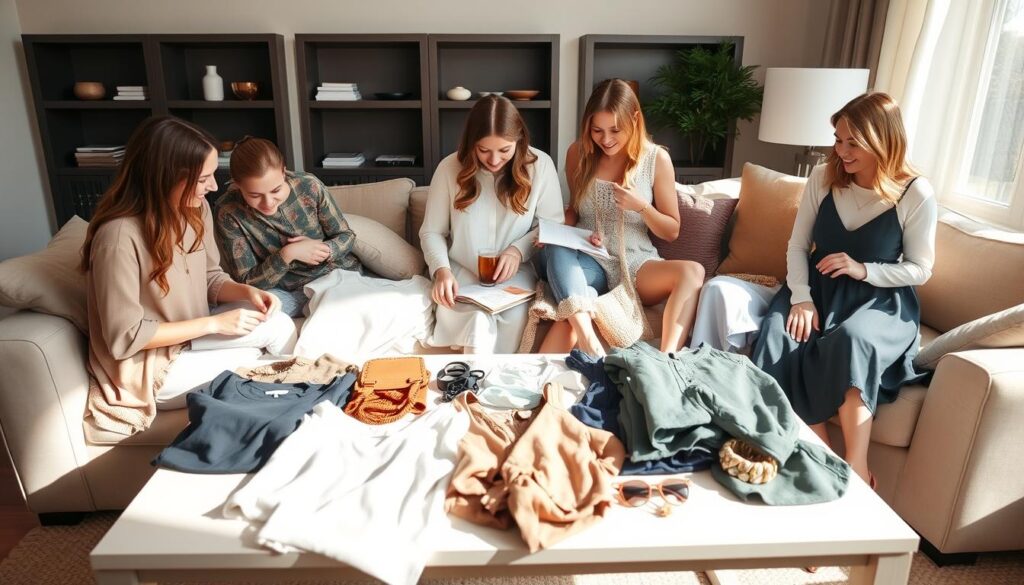 A cozy, well-lit living room setting, with a soft, natural lighting that illuminates the space. On the coffee table, a variety of Shein fashion items are neatly displayed, including tops, dresses, and accessories. Customers, captured in candid poses, are examining and trying on the garments, showcasing the versatility and affordability of the Shein brand. The expressions on their faces convey a sense of delight and satisfaction, reflecting the positive customer reviews that are the focus of this section. The overall atmosphere is inviting and relatable, encouraging the viewer to imagine themselves as part of the scene, exploring the accessible fashion options that Shein provides.