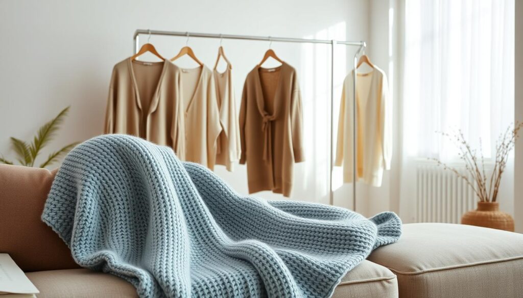 A cozy, well-lit studio setting with soft, diffused natural light streaming through large windows, highlighting a meticulously arranged tableau of Shein's latest spring knitwear collection. In the foreground, a plush, oversized knitted sweater in a pastel shade of blue cascades gracefully over a neutral-toned sofa, inviting the viewer to imagine its soft, comforting texture. In the middle ground, a selection of delicate, lightweight cardigans in earthy tones and subtle patterns are displayed on a sleek, minimal clothing rack, showcasing Shein's effortless, spring-ready aesthetic. The background features a minimalist, yet warm and inviting space, with muted color palettes and natural textures, creating a serene and aspirational atmosphere.