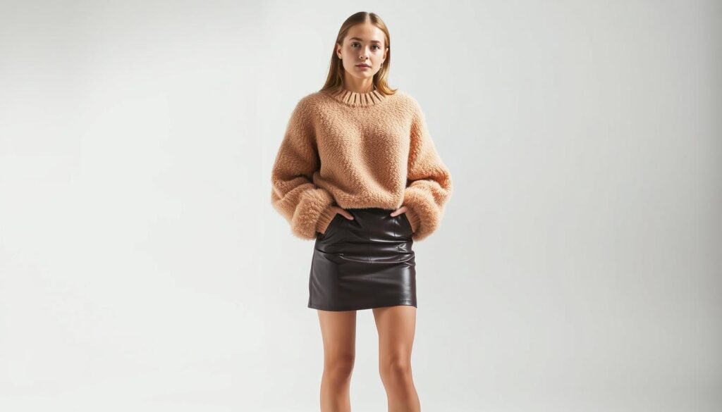 A cozy winter scene featuring Shein's signature pieces: a plush, oversized sweater in a warm, earthy tone, paired with a sleek faux leather mini skirt in a rich burgundy hue. The model stands confidently, capturing the effortless style and comfort of the outfit. Soft, diffused lighting casts a gentle glow, highlighting the luxurious textures and creating a sense of warmth and coziness. The background is a minimalist, studio-like setting, allowing the focus to remain on the Shein pieces and the model's confident pose. The overall mood is one of elevated, winter-ready fashion that embodies Shein's trendy and accessible aesthetic.