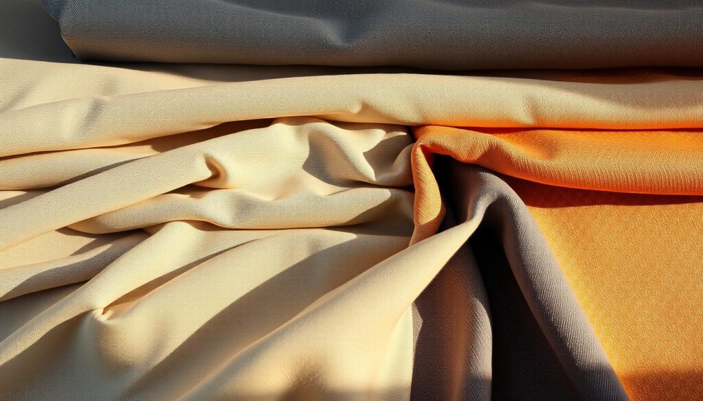 A detailed and well-lit close-up view of a variety of Shein pants fabrics, neatly arranged in a grid formation. The fabrics should include a range of textures, weights, and patterns, such as lightweight chiffon, structured denim, soft jersey, and patterned brocade. The lighting should be warm and natural, highlighting the unique characteristics of each fabric swatch. The image should have a clean, minimalist background that allows the fabrics to be the focal point, conveying a sense of quality and craftsmanship. The overall composition should feel organized and visually appealing, serving as a helpful guide for readers to understand the diverse range of fabrics available in Shein's pants collection.