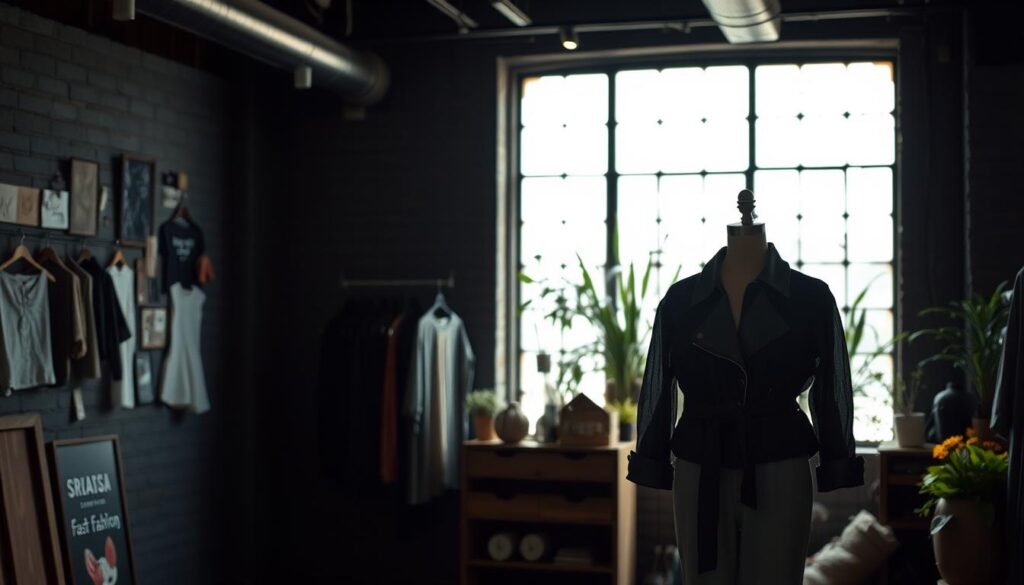 A dimly lit, industrial-style interior with a focus on sustainable fashion. In the foreground, a mannequin displays a stylish yet eco-friendly outfit, composed of organic fabrics and repurposed materials. In the middle ground, a collage of clothing tags and labels showcases the contrast between fast fashion and sustainable alternatives. The background features a large window, allowing natural light to filter in, illuminating a display of plants and recycled materials, symbolizing the harmony between fashion and the environment. The overall mood is contemplative, highlighting the importance of mindful consumption in the fast fashion industry.