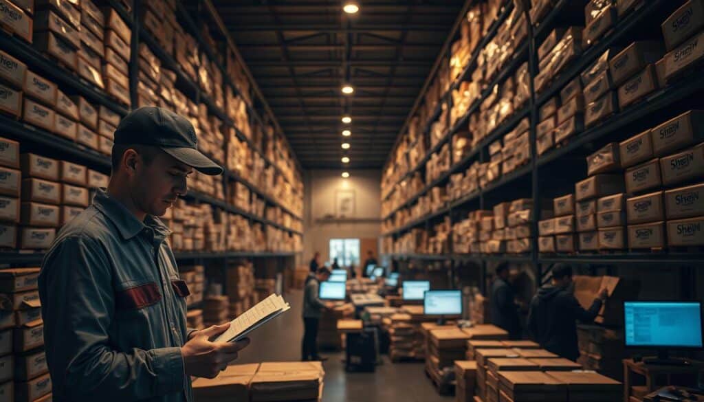 A dimly lit warehouse interior, shelves stacked high with neatly organized Shein packages. In the foreground, a courier meticulously checks the shipping labels, their expression conveying a sense of efficiency and attention to detail. The middle ground showcases rows of workers carefully packing orders, their movements choreographed with precision. In the background, the faint glow of computer screens and the hum of machinery create an atmosphere of a well-oiled logistics operation. Soft, warm lighting casts a comforting glow, suggesting a reliable, streamlined shipping process. The overall scene evokes a sense of anticipation and excitement for the Shein items about to be received.
