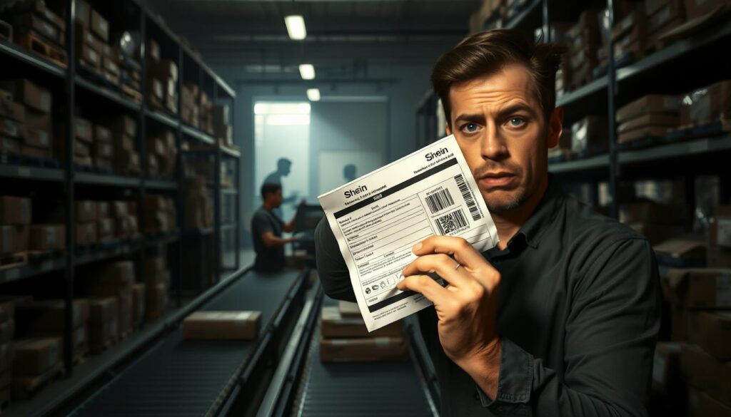 A dimly lit warehouse, shelves stacked high with Shein packages, conveyor belts moving sluggishly. In the foreground, a frustrated customer holds a crumpled shipping label, their expression a mix of confusion and annoyance. The lighting is harsh, creating dramatic shadows that emphasize the sense of delay and disorganization. The middle ground features a harried warehouse worker, surrounded by piles of unprocessed orders, their body language conveying the strain of the backlog. The background is hazy, with faint silhouettes of more packages waiting to be shipped, a visual representation of the mounting delays. The overall atmosphere is one of frustration and inefficiency, setting the stage for the challenges faced in "Managing Shipping Delays and Lost Packages".