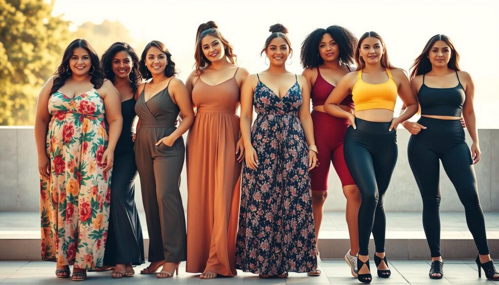 A diverse group of women in fashionable Shein outfits, each showcasing a different body type. In the foreground, a plus-size model in a flattering sundress, followed by a petite woman in a stylish jumpsuit and a tall, slender model in a chic two-piece set. The middle ground features a curvy woman in a flowy maxi dress and an athletic model in high-waisted leggings and a crop top. The background is softly blurred, allowing the clothing and the models to take center stage. Warm, natural lighting casts a golden glow, highlighting the vibrant colors and textures of the Shein designs. The overall mood is celebratory, empowering, and inclusive, capturing the essence of Shein's diverse fashion trends for all body types.