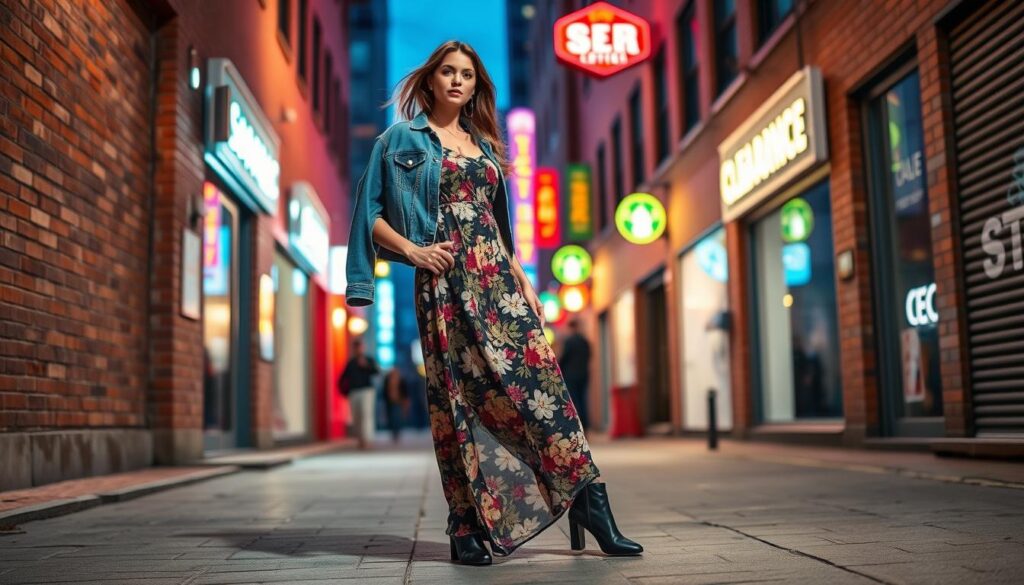 A dynamic street fashion scene with a stylish model showcasing a Shein clearance outfit. The model is standing in a well-lit urban alley, dressed in a chic floral maxi dress, paired with a denim jacket and sleek ankle boots. The background features brick walls, neon signs, and a vibrant cityscape, creating an energetic and youthful atmosphere. The overall aesthetic blends contemporary trends with a touch of edgy sophistication, perfectly capturing the essence of styling Shein clearance pieces for a fashionable, on-trend look.