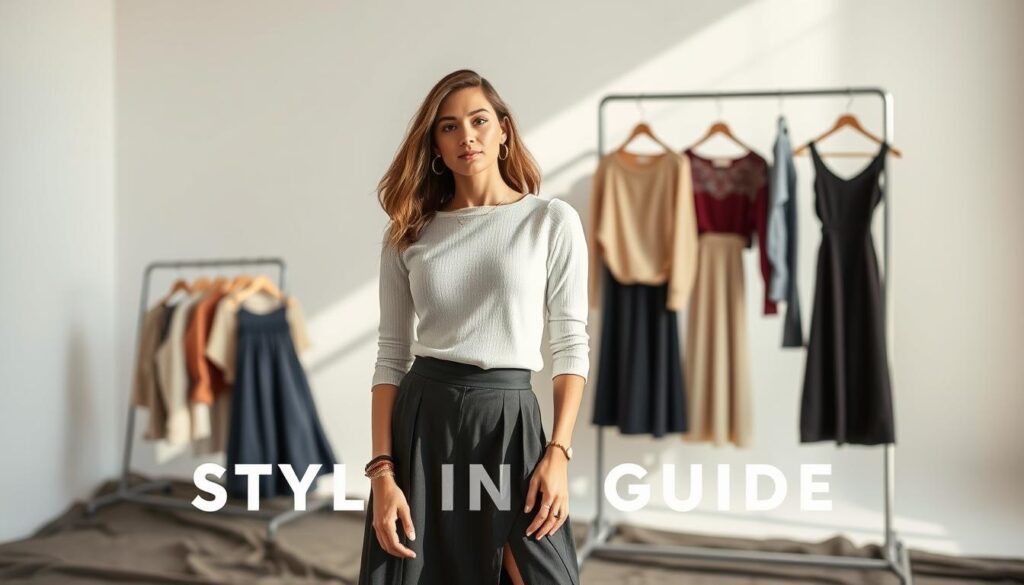 A fashion-forward Shein styling guide captured in a striking editorial-style photograph. In the foreground, a stylish model poses confidently, showcasing a versatile Shein top paired effortlessly with a sleek midi skirt and statement accessories. The midground features a curated selection of additional Shein pieces, hinting at the boundless outfit possibilities. The background depicts a minimalist, light-filled studio setting, creating a clean, sophisticated ambiance. Soft, directional lighting accentuates the model's features and the texture of the fabrics, while a shallow depth of field blurs the periphery, drawing the viewer's focus to the central styling inspiration. The overall mood is one of elegant simplicity, reflecting the Shein brand's modern, trend-driven aesthetic.