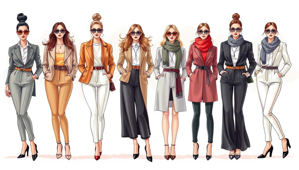 A fashion illustration showcasing various styling tips for different body types. The foreground features elegant models showcasing chic outfits tailored to flatter diverse figures, from hourglass to pear-shaped, against a clean white background. The middle ground includes fashion accessories like belts, scarves, and jewelry that accentuate the models' features. The background has a soft, dreamlike quality, with delicate brush strokes and a pastel color palette, creating a serene and inspirational atmosphere. Warm, natural lighting illuminates the scene, highlighting the models' confidence and the versatility of the styling tips presented.