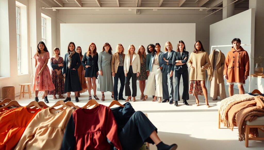 A fashion showcase set in a modern, airy studio with natural lighting. In the foreground, an arrangement of H&M's latest seasonal apparel - vibrant dresses, tailored separates, and cozy knits. The middle ground features a diverse group of models showcasing the looks, posing with confidence and poise. The background is a clean, minimalist setting with hints of Scandinavian design elements, allowing the clothing to take center stage. The overall atmosphere is one of effortless style, capturing the essence of H&M's seasonal trends in a visually striking and aspirational manner.