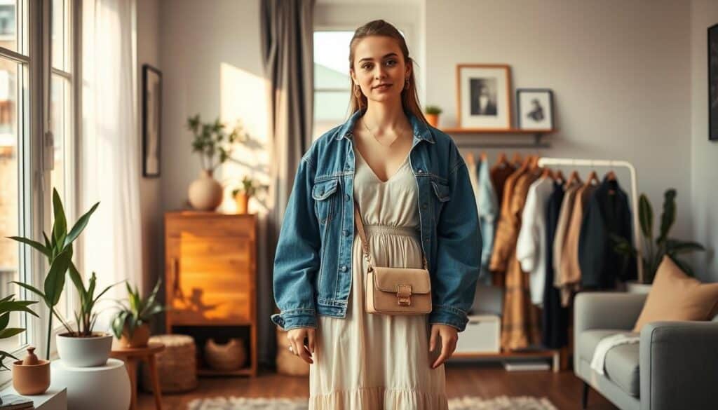 A fashionable young woman stands in a chic, minimalist home, surrounded by a mix of her favorite SHEIN pieces and timeless wardrobe staples. Soft, natural lighting filters through the large windows, casting a warm, inviting glow. She confidently pairs a flowy SHEIN maxi dress with a denim jacket, accessorized with delicate gold jewelry and a stylish crossbody bag. In the background, a curated display of plants, artwork, and personal mementos creates a harmonious, lived-in atmosphere. The overall scene conveys a sense of effortless style, where the new and the familiar coexist in a visually appealing way.