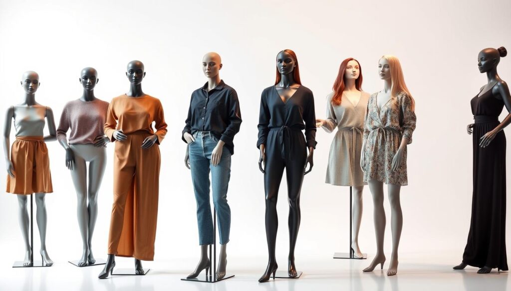 A group of diverse female mannequin figures standing in a well-lit, minimalist studio setting. The mannequins showcase a range of Shein clothing sizes, from XS to 4XL, showcasing how the brand's styles can flatter and accentuate various body types. The figures are posed in a natural, relaxed stance, creating an inclusive and welcoming atmosphere. Soft, diffused lighting illuminates the scene, highlighting the intricate details and textures of the garments. The background is a plain white backdrop, allowing the clothing and the models to take center stage.