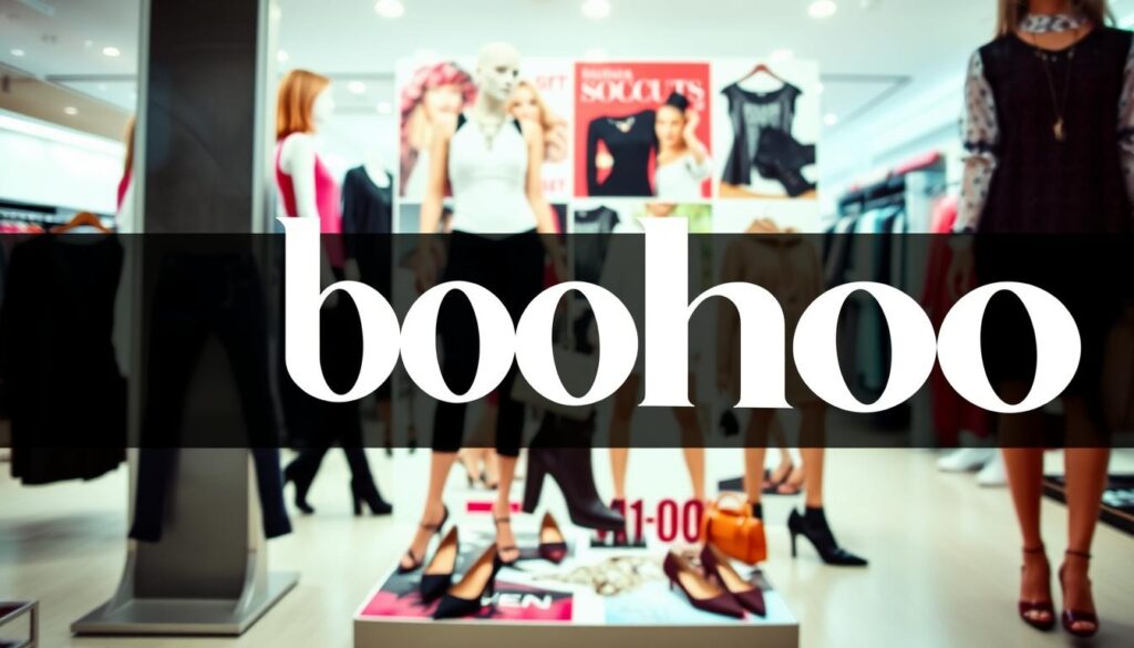 A high-contrast, vibrant image of the Boohoo logo set against a dynamic backdrop of various clothing items and accessories. The logo is prominently displayed in the foreground, with a selection of trendy, discounted fashion items arranged artfully around it. The middle ground features a collage of Boohoo's latest styles, including dresses, tops, and shoes, all showcased in an eye-catching, visually appealing layout. The background is a soft, blurred environment, evoking a sense of a well-lit, modern retail space. The overall mood is one of excitement, highlighting the attractive deals and desirable products available at Boohoo.