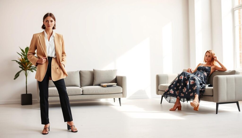 A high-fashion editorial photoshoot showcasing stylish Shein outfits in a chic, minimalist studio setting. In the foreground, a model strikes a confident pose, wearing a well-tailored beige blazer, crisp white blouse, and sleek black trousers. The middle ground features a second model casually lounging on a modernist sofa, adorned in a flowy, floral midi dress and platform sandals. The background is bathed in soft, natural light, highlighting the clean, airy ambiance. Elegant, yet effortless; these versatile Shein pieces inspire trendy, elevated outfit ideas.