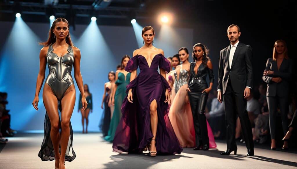 A high-fashion runway showcasing a vibrant display of celebrity-inspired looks. In the foreground, a model struts down the catwalk, adorned in a sleek, metallic bodysuit accentuated by bold, geometric patterns. The middle ground features a variety of glamorous ensembles, from a billowing chiffon gown in a rich, jewel-toned hue to a tailored, power suit in a striking monochrome palette. In the background, a dramatic, cinematic lighting setup casts dramatic shadows, creating a captivating, high-contrast atmosphere that exudes the essence of red carpet glamour and high-profile collaborations.