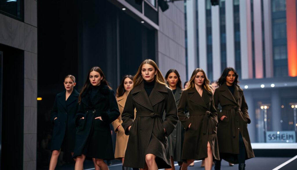 A high-fashion runway showcasing the latest SHEIN coat styles, with models strutting confidently in the foreground. In the middle ground, a chic urban setting with sleek architectural details and moody lighting, creating an elegant, aspirational atmosphere. The background features a sophisticated color palette of rich jewel tones, hinting at the luxurious fabrics and tailoring of the coats. The overall scene captures the essence of trendy, must-have SHEIN coats that are perfect for staying warm and stylish this season.