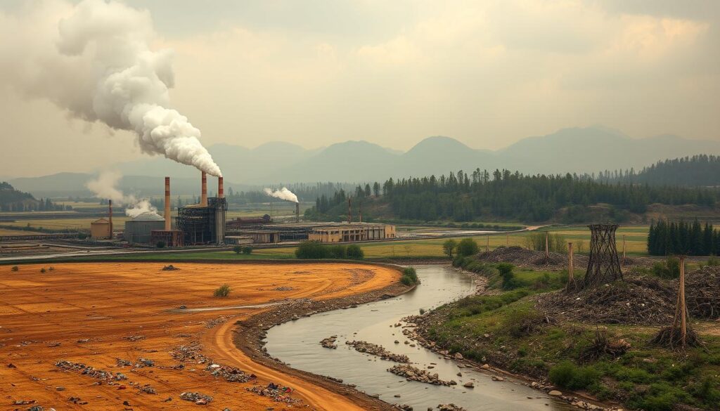 A lush, industrial landscape depicting the environmental impact of Shein's supply chain. In the foreground, a sprawling textile factory belches thick, toxic smoke into a hazy, oppressive sky. Barren, drought-stricken land surrounds the factory, dotted with discarded textile waste. In the middle ground, a river runs murky and polluted, its banks lined with overflowing landfills. In the distance, deforested hills rise, their once-verdant forests reduced to stumps. The scene conveys a sense of environmental devastation, a cautionary tale of the hidden costs of fast fashion.