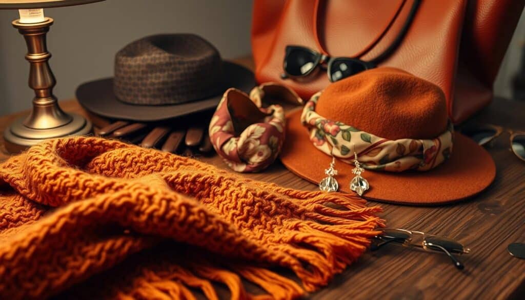A meticulously curated collection of seasonal accessories lay artfully arranged on a rustic wooden table. In the foreground, a cozy knitted scarf in warm autumnal tones, its intricate patterns catching the soft glow of a nearby lamp. Beside it, a pair of leather gloves and a stylish felt hat, hints of their textures visible under the gentle studio lighting. In the middle ground, a delicate silk headband in a vibrant floral print and a set of shimmering crystal earrings, their facets refracting the light. In the background, a collection of sleek sunglasses and a structured tote bag in a rich, seasonal hue create a harmonious, fashionable vignette. The overall mood is one of effortless elegance and seasonal style.