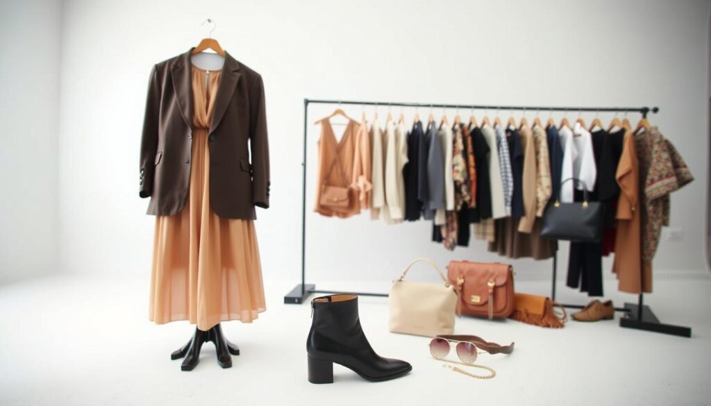 A meticulously curated fashion collection fills the frame, showcasing the diverse and high-quality pieces available on Shein. In the foreground, a tasteful ensemble of a flowy midi dress, a structured blazer, and a pair of sleek ankle boots takes center stage, embodying the brand's ability to deliver trendy yet versatile options. The middle ground features a variety of accessories, including a chic shoulder bag, a delicate necklace, and a stylish pair of sunglasses, highlighting Shein's attention to detail and breadth of product selection. The background reveals a minimalist, well-lit studio setting, with a soft, diffused lighting that enhances the visual appeal of the clothing and accessories. The overall composition conveys a sense of accessible luxury, inviting the viewer to explore Shein's offerings and discover quality pieces that seamlessly blend fashion and affordability.