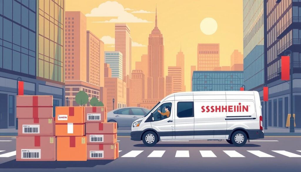 A meticulously detailed illustration of SHEIN's shipping experience, captured in a vibrant and realistic manner. In the foreground, a series of neatly stacked packages in the brand's distinctive packaging, adorned with shipping labels and barcodes, conveying a sense of efficiency and organization. In the middle ground, a delivery van emblazoned with the SHEIN logo glides smoothly down a city street, its driver carefully navigating through the bustling urban landscape. In the background, a modern cityscape with towering skyscrapers and a clear, sun-dappled sky, creating a sense of scale and dynamism. The overall mood is one of seamless logistics, customer-centric service, and a brand that delivers on its promises.