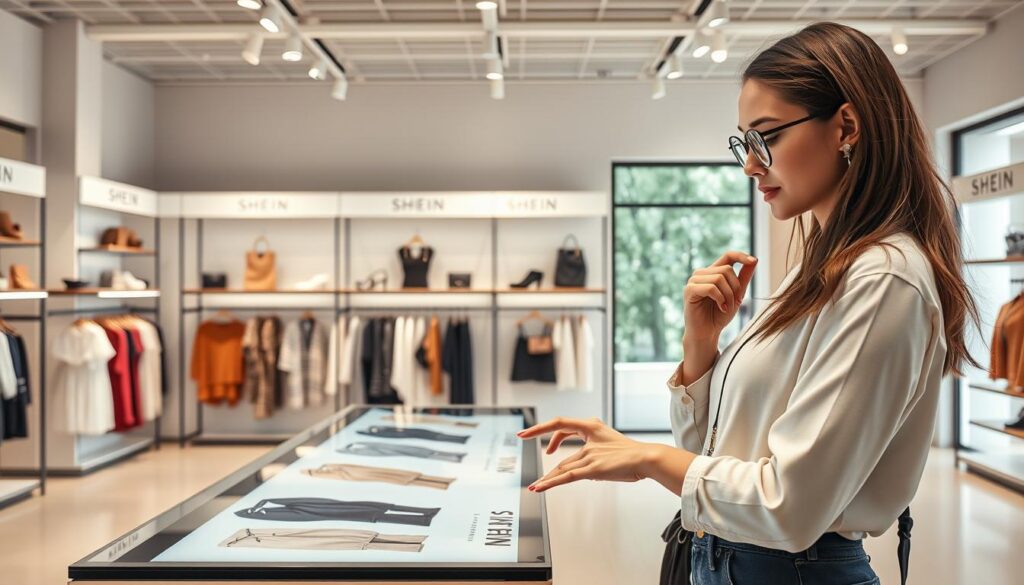 A minimalist and modern shopping scene showcasing the top trends on SHEIN in 2025. In the foreground, a stylish young woman thoughtfully browses products on a sleek, high-resolution touchscreen display. The middle ground features neatly organized shelves showcasing the latest SHEIN fashion - chic dresses, casual separates, and trendy accessories in a variety of colors and styles. The background depicts a bright, airy retail space with large windows allowing natural light to fill the room, creating a warm and inviting atmosphere. The overall mood is one of effortless sophistication, reflecting SHEIN's evolution as a go-to destination for affordable, on-trend fashion.