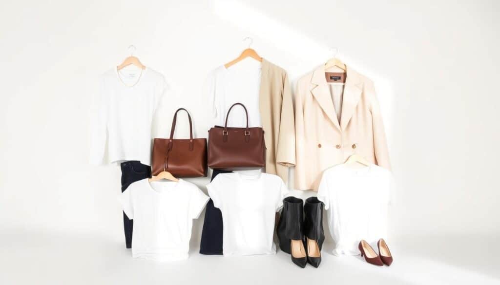 A minimalist, cohesive Shein capsule wardrobe set against a clean, bright background. In the foreground, a variety of versatile, high-quality basics like crisp white tees, dark wash jeans, and a neutral blazer. In the middle ground, complementary accessories like simple gold jewelry, a leather tote, and a pair of sleek pumps. The overall mood is one of effortless, elevated style - showcasing how Shein can help create a polished, budget-friendly wardrobe. Soft, natural lighting illuminates the ensemble, captured at a slight angle to highlight the refined, contemporary aesthetic.