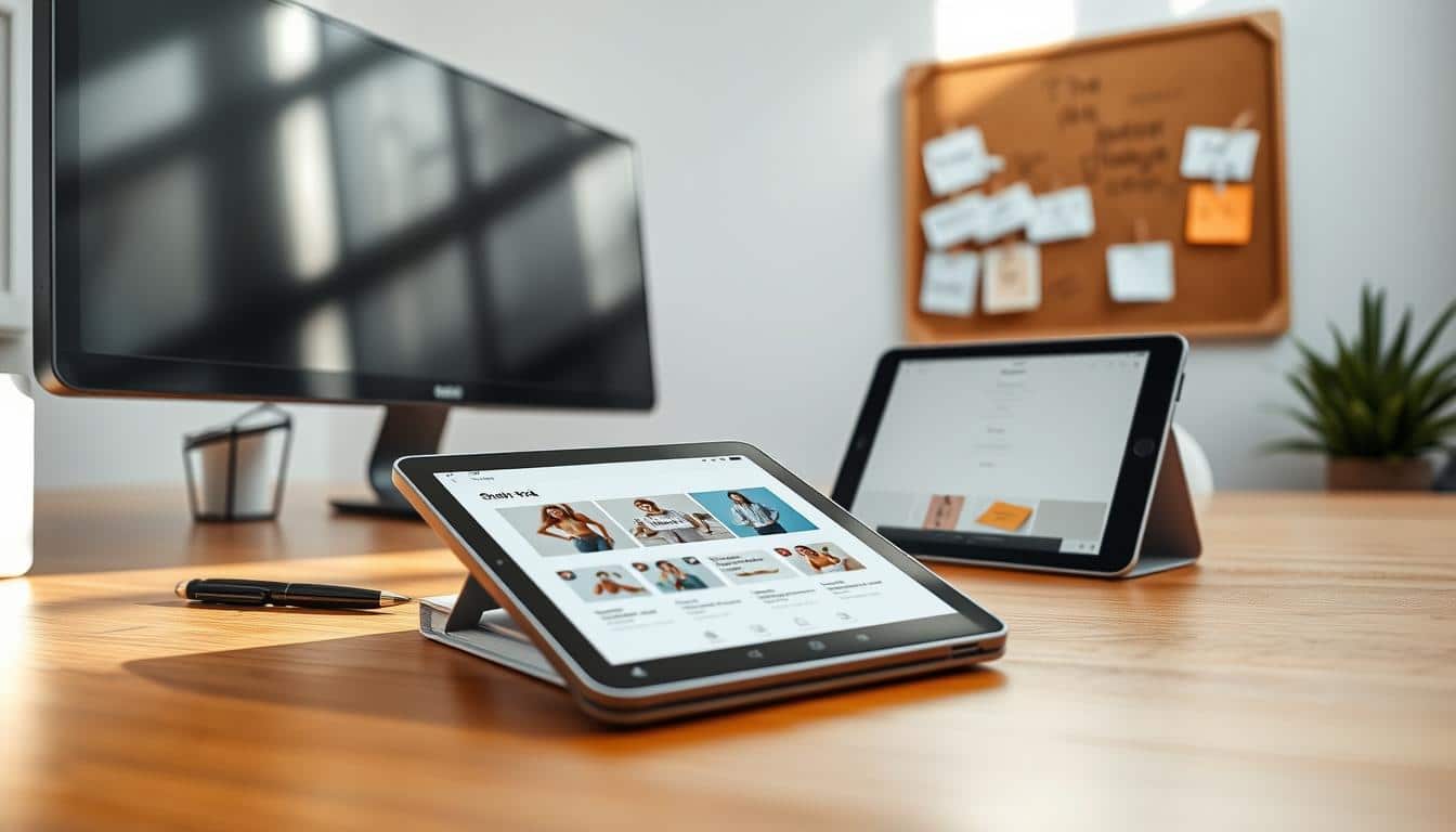 A minimalist office scene with a desktop computer, a notebook, and a pen on a clean wooden table. Soft natural lighting filters through a window, casting subtle shadows. The foreground features a tablet or smartphone displaying the Shein app interface, showcasing product images and reviews. In the background, a corkboard with inspirational notes and ideas for the Shein trial application hangs on the wall. The overall atmosphere conveys a sense of focus, organization, and the process of crafting a compelling Shein trial application.