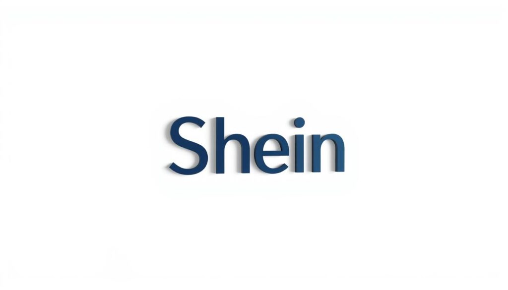 A minimalist, sleek logo for the Shein fashion brand floats against a clean, white backdrop. The logo is rendered in a modern, sans-serif typeface with smooth, geometric letterforms in a deep, navy blue hue. The text is crisp and well-balanced, conveying a sense of sophistication and style. Soft, even lighting illuminates the logo, casting subtle shadows that add depth and dimensionality. The overall composition is simple yet impactful, reflecting Shein's focus on trendy, affordable fashion.