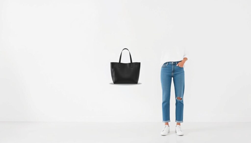 A minimalist yet stylish Shein outfit set against a clean, bright backdrop. In the foreground, a simple white button-up shirt and high-waisted blue jeans with a subtle distressed detail. In the middle, a sleek black leather tote bag and a pair of white low-top sneakers. The background is a soft, neutral-toned wall, illuminated by natural light from a large window, creating a serene, airy atmosphere. The overall composition emphasizes clean lines, muted colors, and a focus on the core garments, reflecting the essence of Shein's minimalist style.