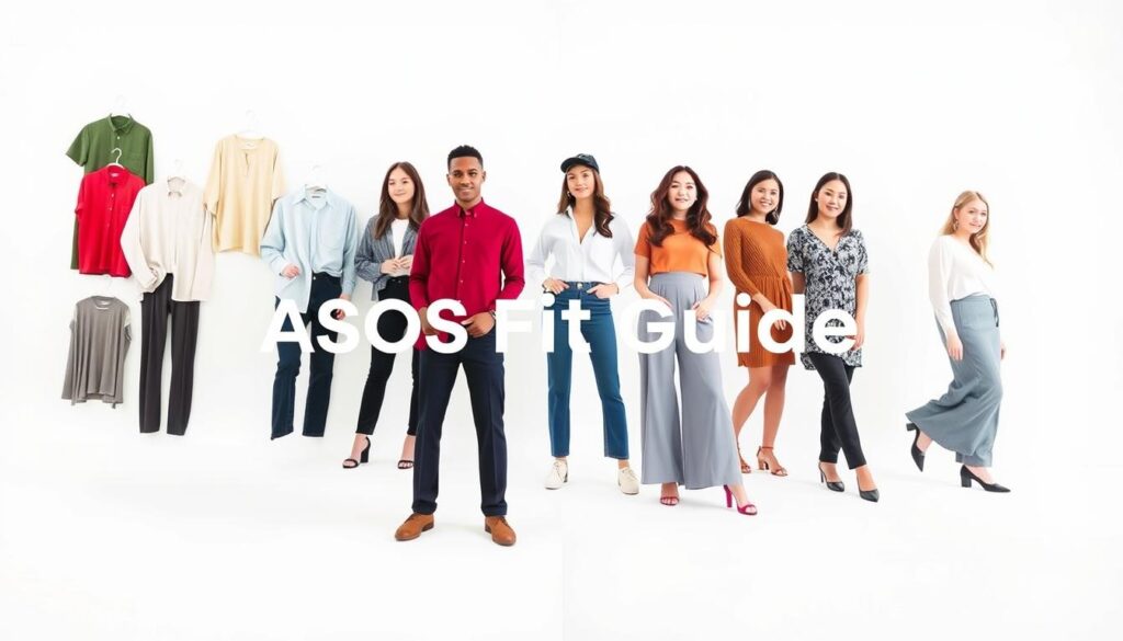 A modern, bright and minimalist image of an "ASOS Fit Guide" showcasing various clothing items and models. The foreground features a clean, white background with several articles of clothing, including shirts, trousers, and dresses, arranged in a visually appealing layout. The middle ground depicts a group of diverse models wearing the clothing, posing naturally and confidently to illustrate the fit and size guide. The background has a subtle gradient or texture, adding depth and a sense of professionalism. The lighting is soft and even, creating a well-lit, high-quality appearance. The overall tone is informative, fashionable, and inviting, reflecting the subject of the "ASOS: Trendy Fashion Finds & Exclusive Styles" article and the "Sizing, Fit Guides, and How to Avoid Returns" section.