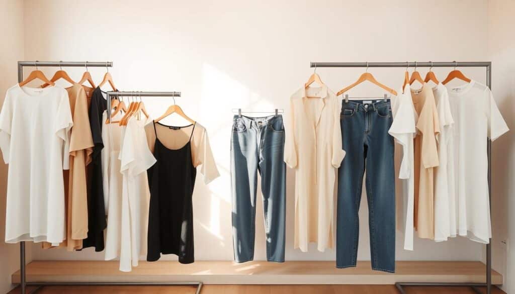 A neatly arranged display of SHEIN's classic wardrobe essentials, bathed in soft, natural lighting. In the foreground, a selection of versatile tops, blouses, and dresses in neutral hues such as white, beige, and black, showcasing the brand's minimalist yet chic aesthetic. In the middle ground, a few pairs of well-fitted jeans and classic trousers in various washes and styles, highlighting the brand's denim offerings. In the background, a subtle, elegantly-styled backdrop, like a clean white wall or a simple wooden surface, allows the garments to take center stage and emphasize their timeless appeal. The overall composition conveys a sense of effortless elegance and timelessness, capturing the essence of SHEIN's versatile and high-quality wardrobe staples.
