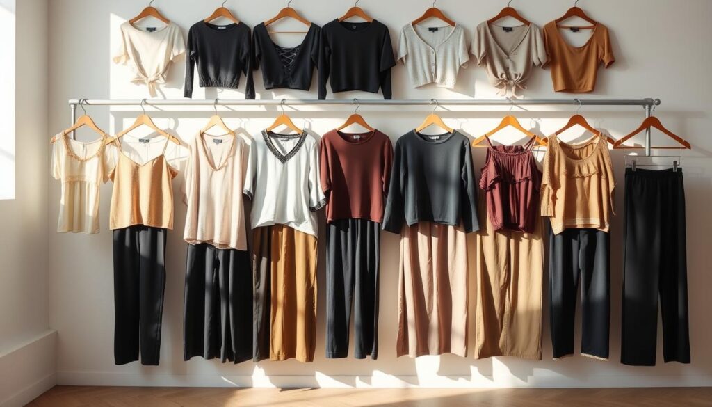A neatly arranged display of various Shein clothing items, meticulously showcased against a bright, minimalist backdrop. The garments, ranging from tops to bottoms, are presented in a grid layout, allowing the viewer to easily compare sizes and visualize the fit. Soft, natural lighting accentuates the textures and details of the fabrics, while a subtle shadow cast beneath the items adds depth and dimension to the scene. The overall composition conveys a sense of organization and attention to detail, inviting the viewer to explore the nuances of Shein's sizing and fit.