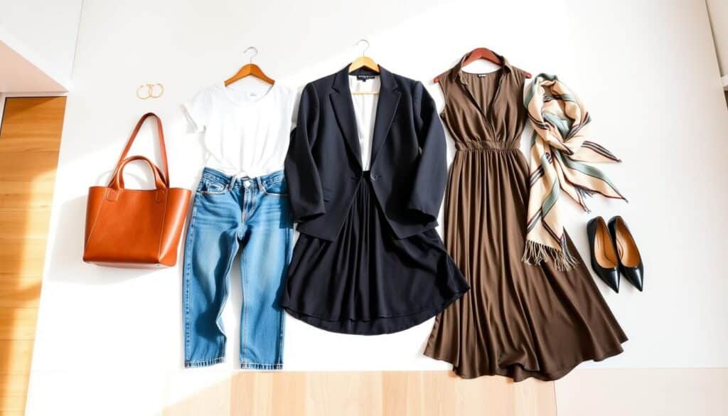 A neatly curated Shein capsule wardrobe laid out on a bright, airy backdrop. Crisp white wall, wooden floors, and warm natural lighting create an inviting, minimalist atmosphere. In the foreground, a selection of versatile Shein essentials - a classic white tee, blue denim jeans, a tailored blazer, a flowy midi dress, and sleek black pumps - arranged artfully. In the middle ground, accessory pieces like a leather tote, gold hoops, and a silk scarf add refined finishing touches. The overall aesthetic conveys a chic, effortless style that is both budget-friendly and on-trend.
