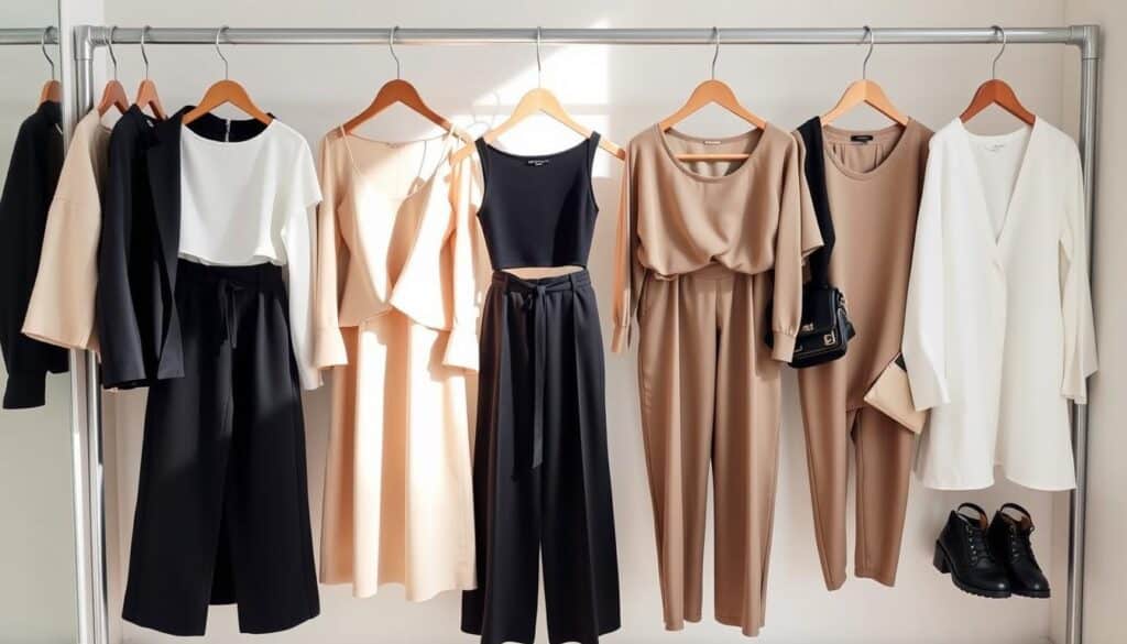 A neatly organized capsule wardrobe of trendy SHEIN outfits, featuring a neutral color palette of beige, black, and white. Sleek, minimalist tops, midi skirts, and tailored pants are displayed against a clean, bright background, illuminated by soft, natural lighting. The items are thoughtfully arranged to showcase versatile layering and accessorizing possibilities, embodying the concept of effortless, budget-friendly style. The overall mood is one of understated elegance and practical sophistication, reflecting the section's focus on building a versatile, cost-effective wardrobe with SHEIN pieces.
